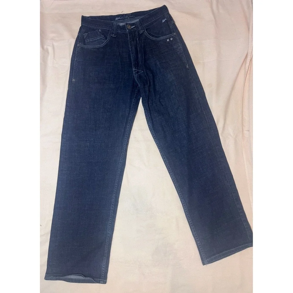 Andrew Tiziano Jeans SZ 32 Loose Baggy Wide Leg Embroidered Skater Dark Denim E4